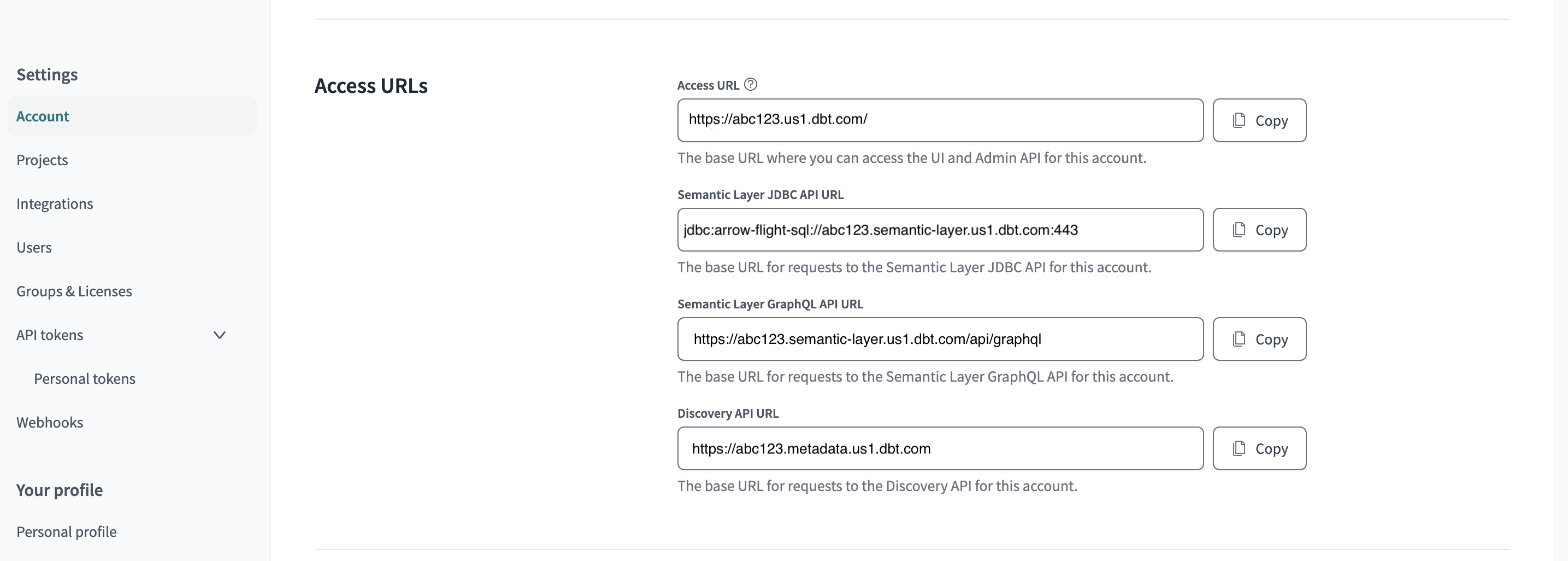 Access URLs in the account settings